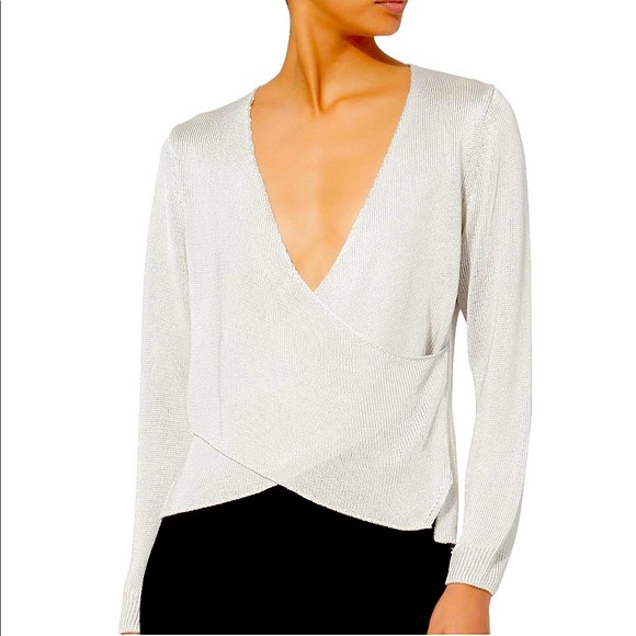 Michelle Mason Metallic Cross Wrap Silver Sweater Blouse - Picture 7 of 8